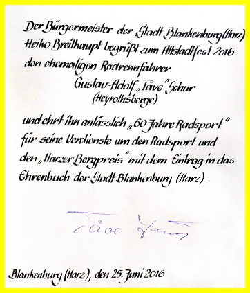 Täve Schur im Ehrenbuch der Stadt Blankenburg