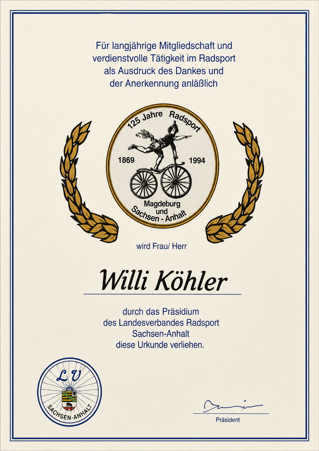 Urkunde Landesverband Radsport Sachsen-Anhalt