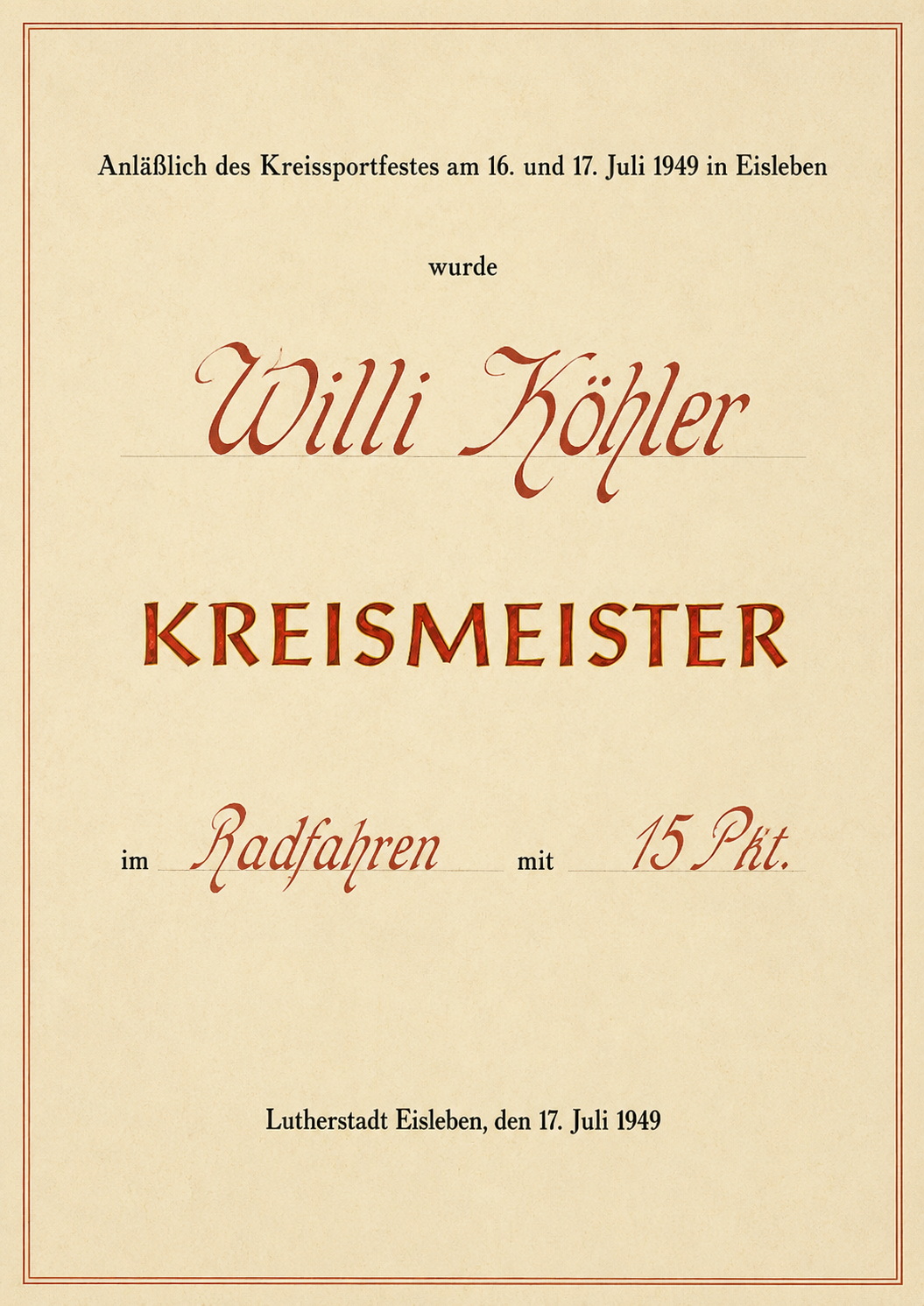 Kreismeister-Urkunde Radfahren 1949