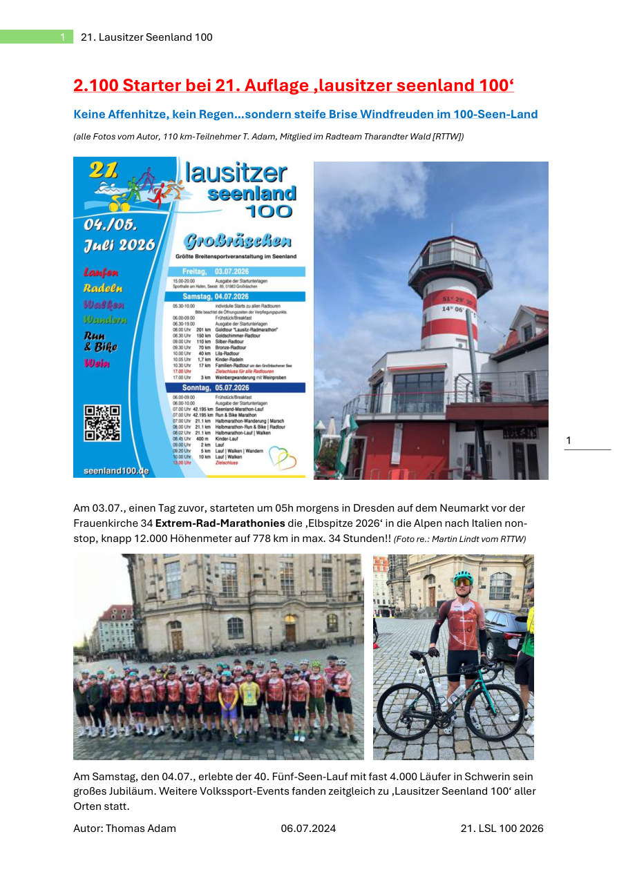 Titelseite des Teilnehmer-Reports Lausitzer Seenland 100