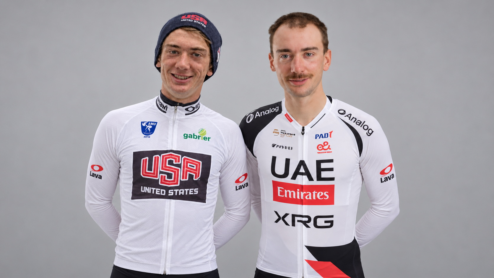 Fotomontage: Brandon McNulty als junger Fahrer im USA-Trikot und später im Trikot von UAE Team Emirates XRG