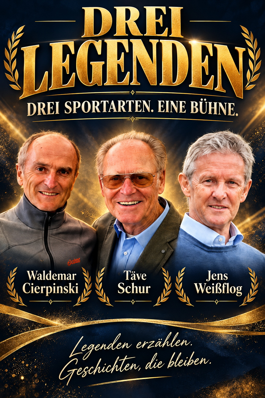 Veranstaltungsplakat Drei Legenden mit Waldemar Cierpinski, Täve Schur und Jens Weißflog